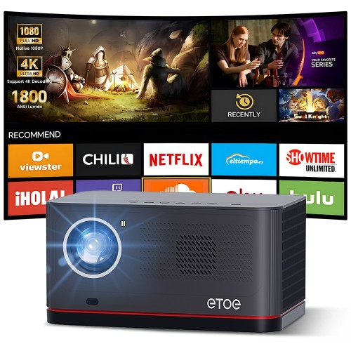 ETOE Whale Pro Android TV Projector, 1800 ANSI, Auto Focus & Keystone - Nieuwe Versie 2
